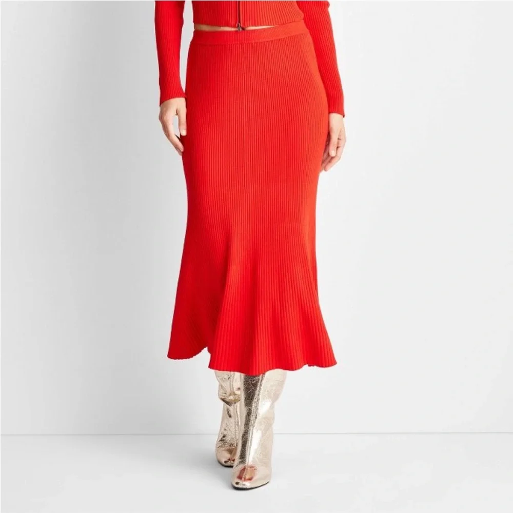 Red Sweater Ribbed Skirt - Picture 1 of 5
